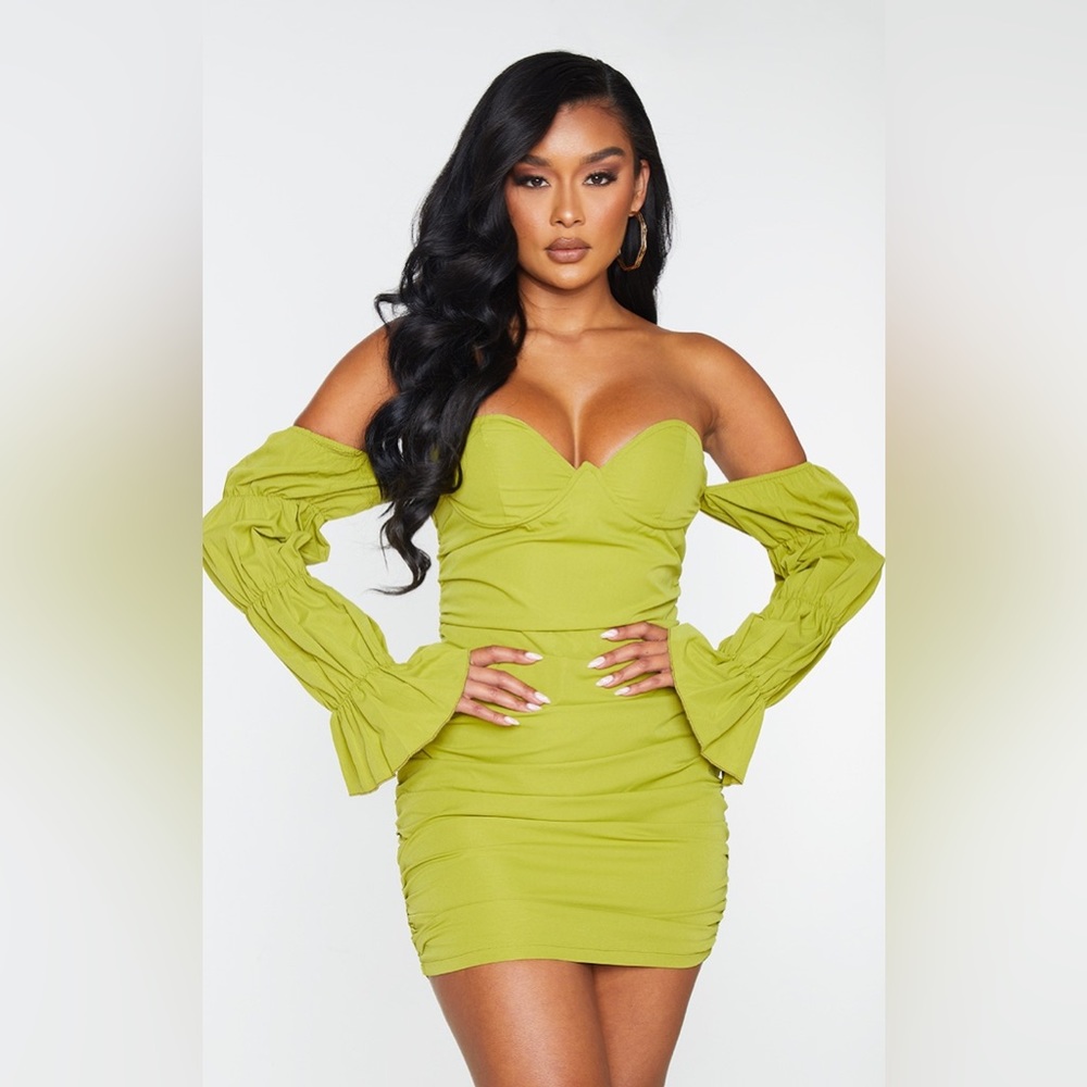 PrettyLittleThing Olive Woven Underwire Tiered Sleeve Ruched Bodycon Dress